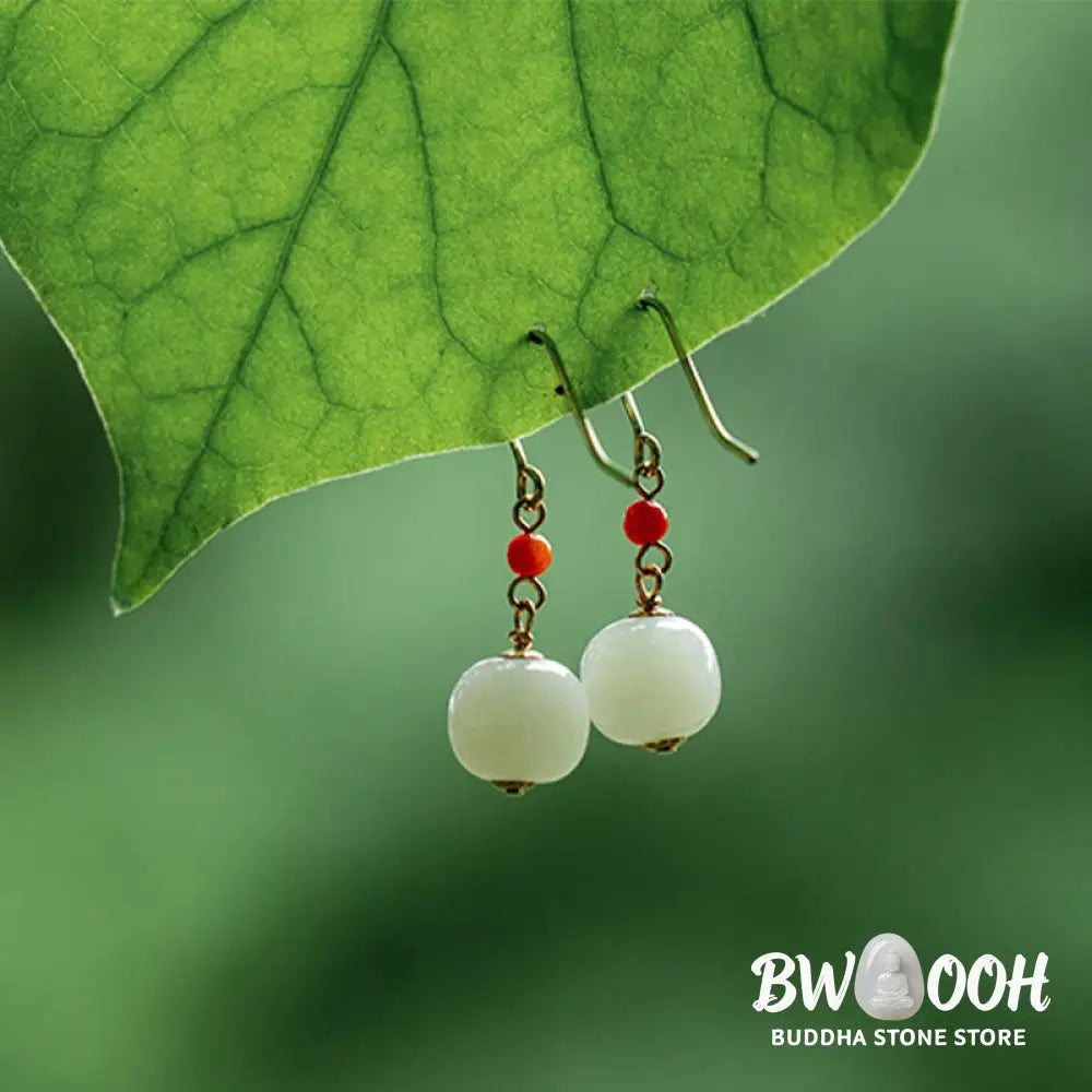 Buddha Stones 925 Sterling Silver Plated 14k Gold Hetian Jade Red Agate Luck Drop Dangle Earrings - Earrings