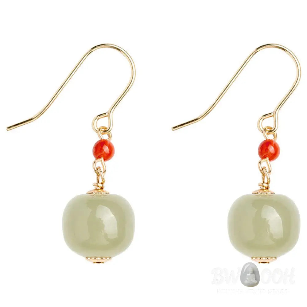 Buddha Stones 925 Sterling Silver Plated 14k Gold Hetian Jade Red Agate Luck Drop Dangle Earrings - Earrings