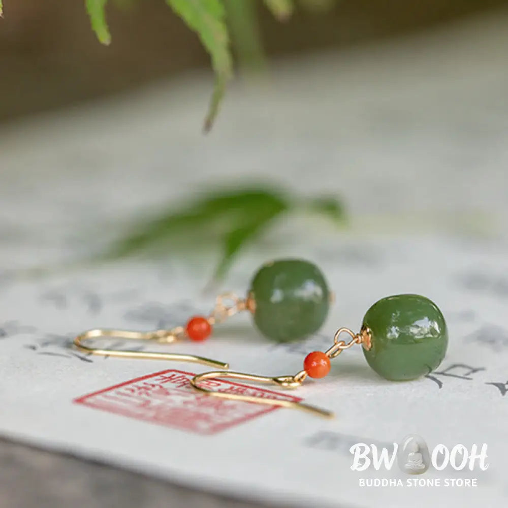 Buddha Stones 925 Sterling Silver Plated 14k Gold Hetian Jade Red Agate Luck Drop Dangle Earrings - Earrings