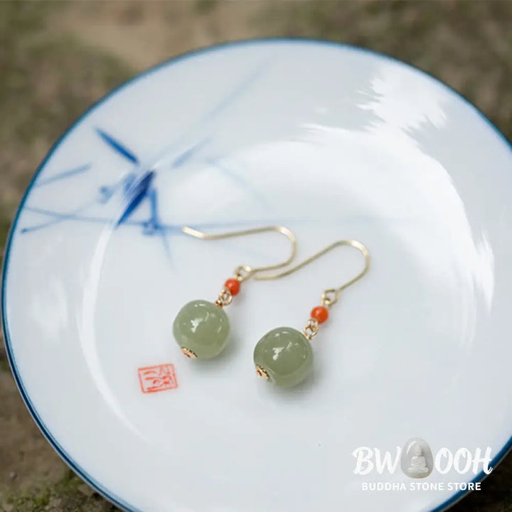 Buddha Stones 925 Sterling Silver Plated 14k Gold Hetian Jade Red Agate Luck Drop Dangle Earrings - Earrings