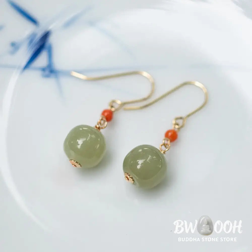 Buddha Stones 925 Sterling Silver Plated 14k Gold Hetian Jade Red Agate Luck Drop Dangle Earrings - Earrings