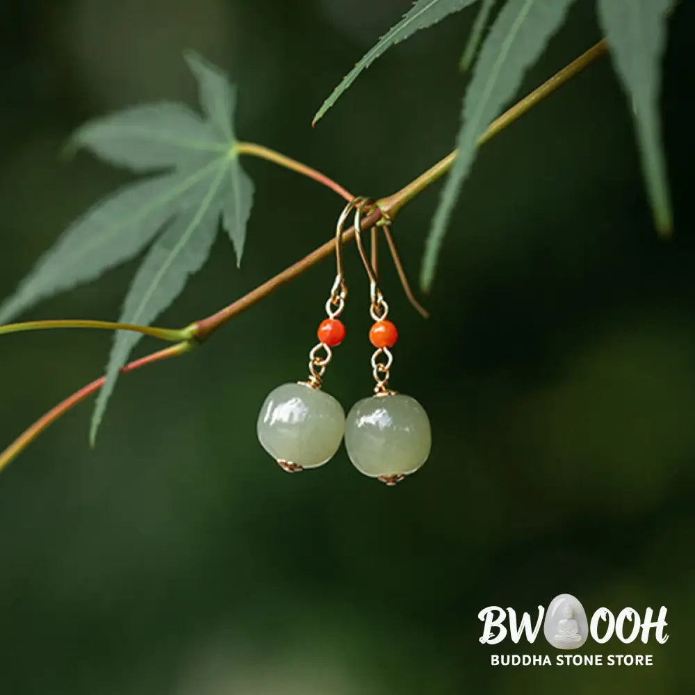 Buddha Stones 925 Sterling Silver Plated 14k Gold Hetian Jade Red Agate Luck Drop Dangle Earrings - Earrings