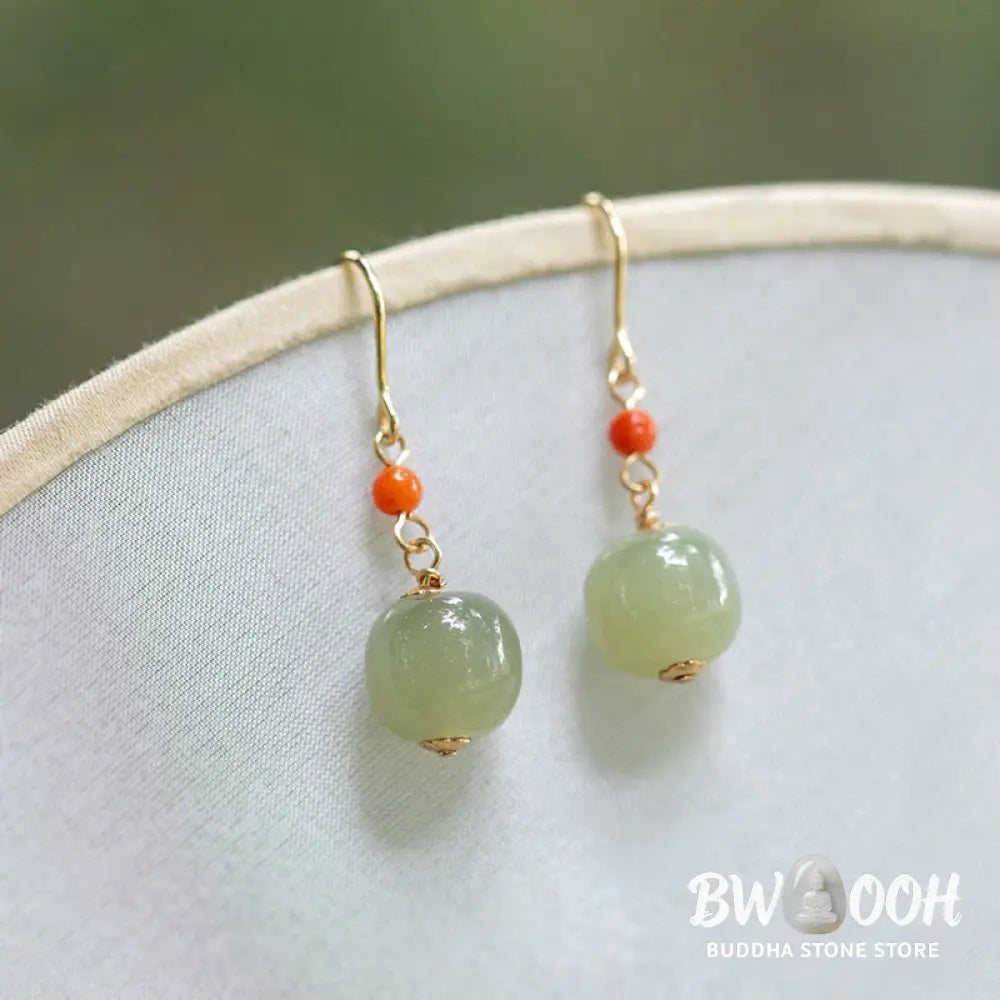 Buddha Stones 925 Sterling Silver Plated 14k Gold Hetian Jade Red Agate Luck Drop Dangle Earrings - Earrings