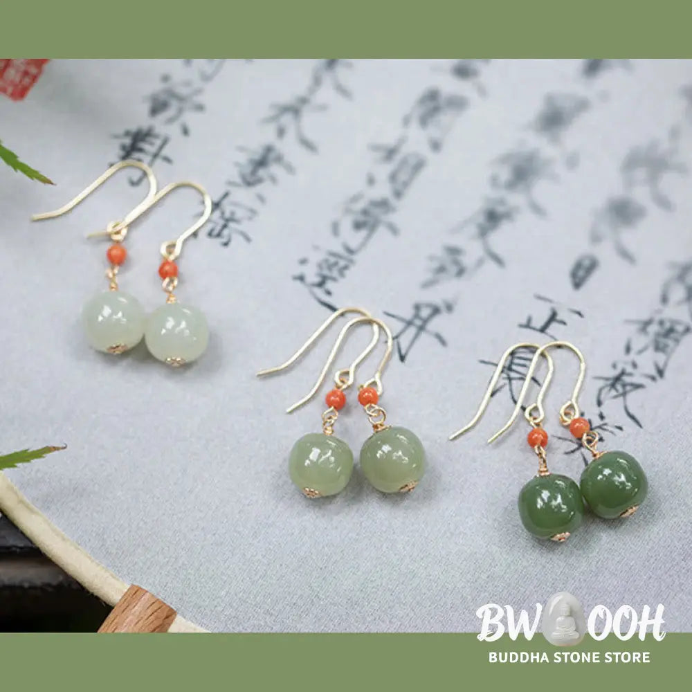 Buddha Stones 925 Sterling Silver Plated 14k Gold Hetian Jade Red Agate Luck Drop Dangle Earrings - Earrings