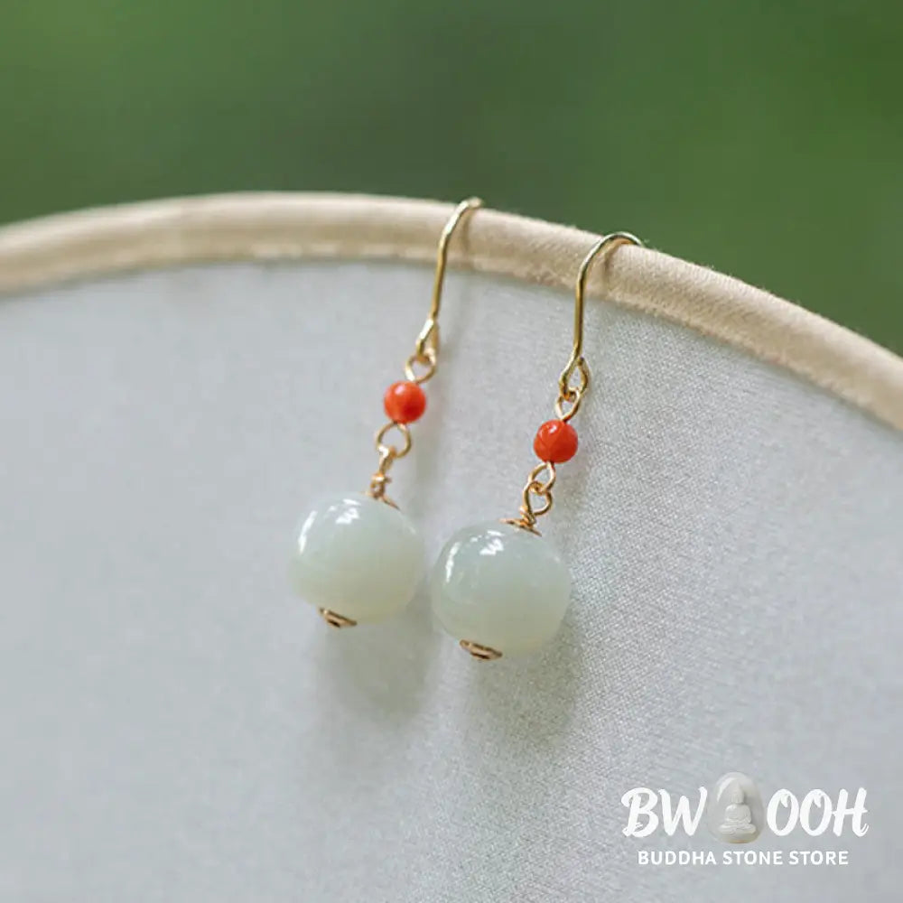 Buddha Stones 925 Sterling Silver Plated 14k Gold Hetian Jade Red Agate Luck Drop Dangle Earrings - Earrings