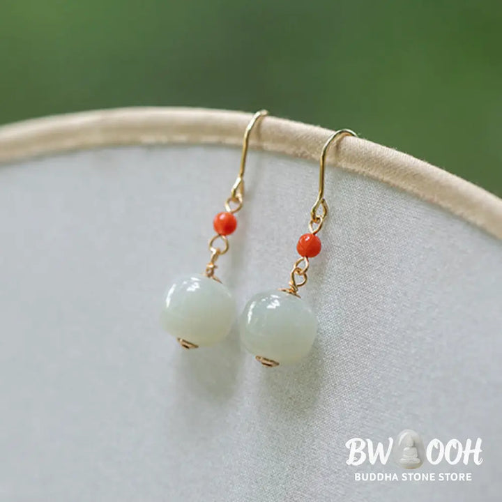 Buddha Stones 925 Sterling Silver Plated 14k Gold Hetian Jade Red Agate Luck Drop Dangle Earrings - Earrings