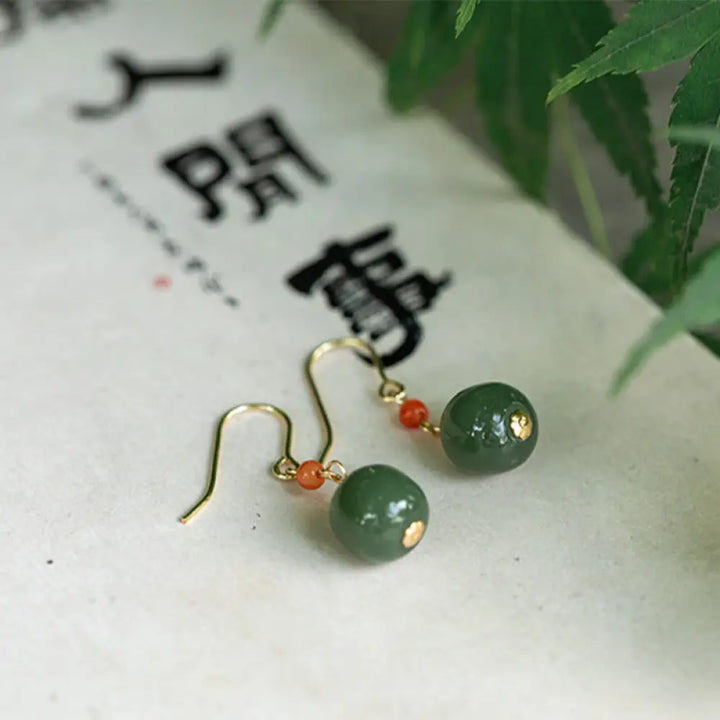 Buddha Stones 925 Sterling Silver Plated 14k Gold Hetian Jade Red Agate Luck Drop Dangle Earrings - 925 Sterling Silver