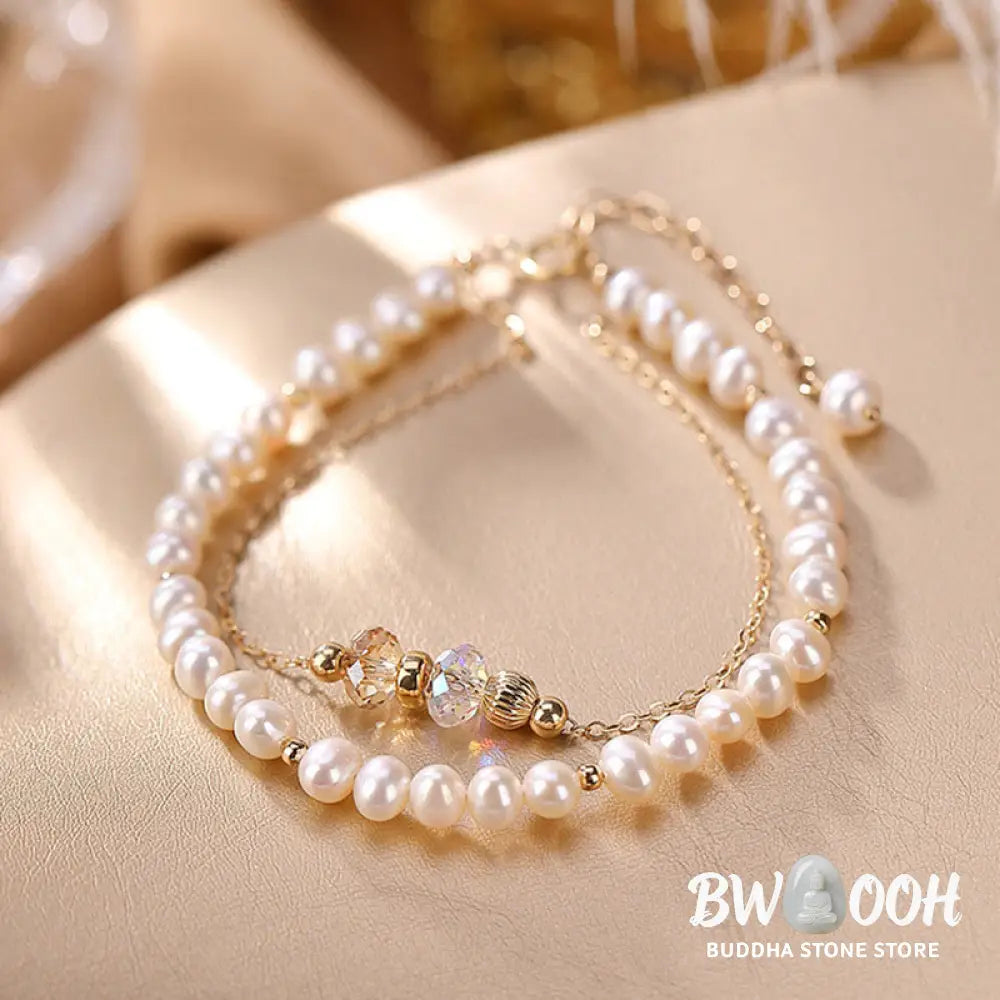Buddha Stones 925 Sterling Silver Plated 14k Gold Natural Pearl Crystal Healing Double Layer Bracelet - BWOOOH