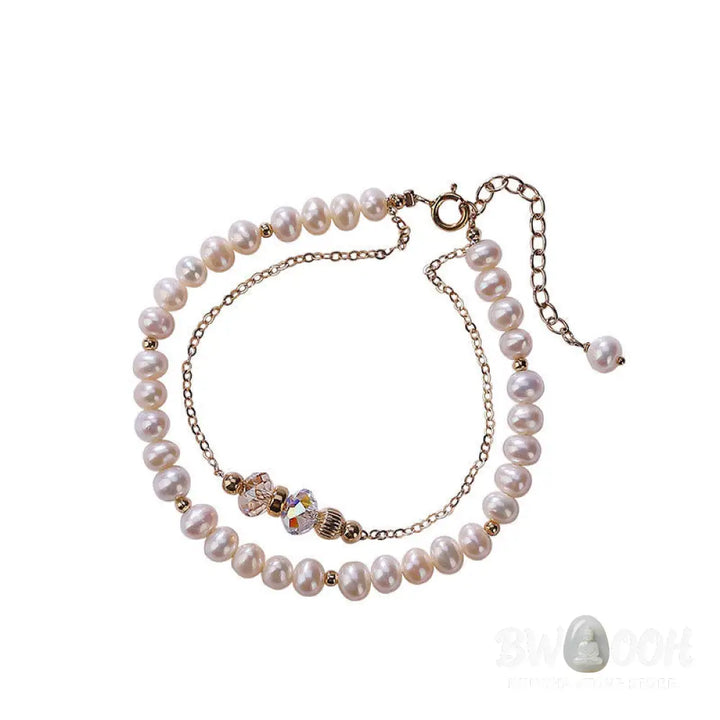 Buddha Stones 925 Sterling Silver Plated 14k Gold Natural Pearl Crystal Healing Double Layer Bracelet - BWOOOH