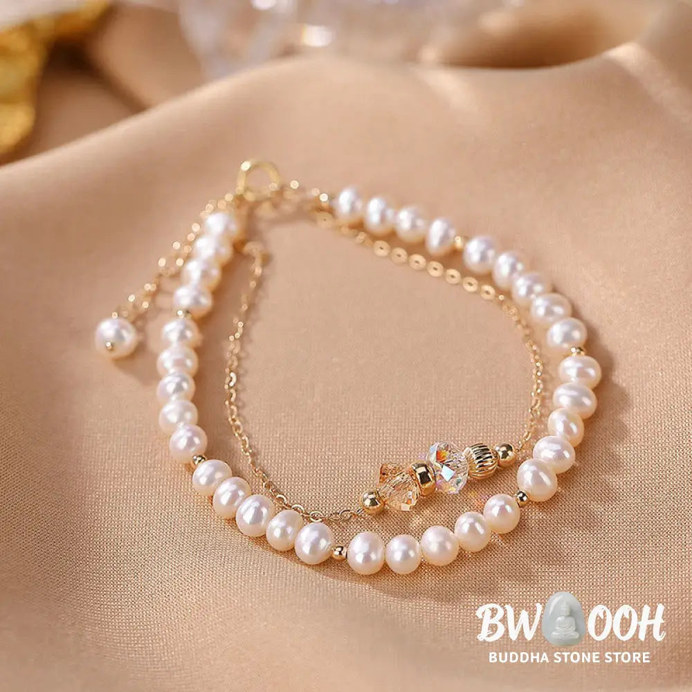 Buddha Stones 925 Sterling Silver Plated 14k Gold Natural Pearl Crystal Healing Double Layer Bracelet - BWOOOH