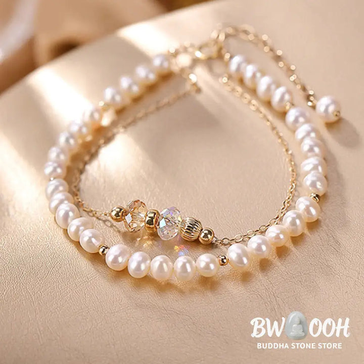 Buddha Stones 925 Sterling Silver Plated 14k Gold Natural Pearl Crystal Healing Double Layer Bracelet - BWOOOH