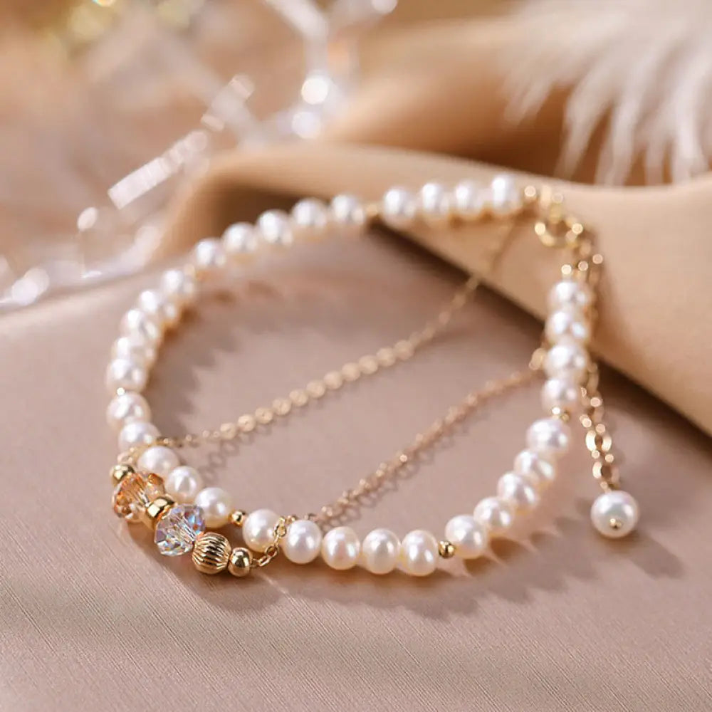 BWOOOH 925 Sterling Silver Plated 14k Gold Natural Pearl Crystal Healing Double Layer Bracelet - BWOOOH