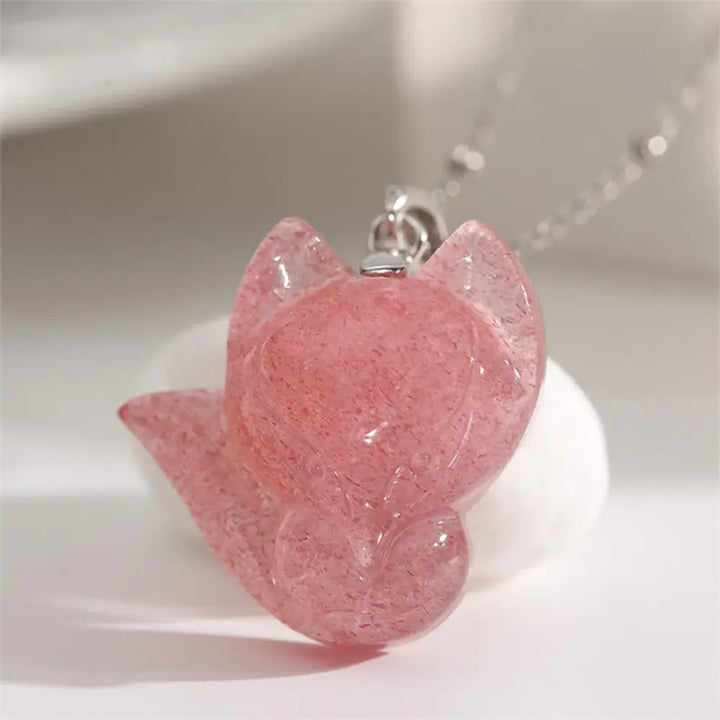 Buddha Stones 925 Sterling Silver Plated 14k Gold Strawberry Quartz Fox Healing Necklace Pendant - BWOOOH - Strawberry