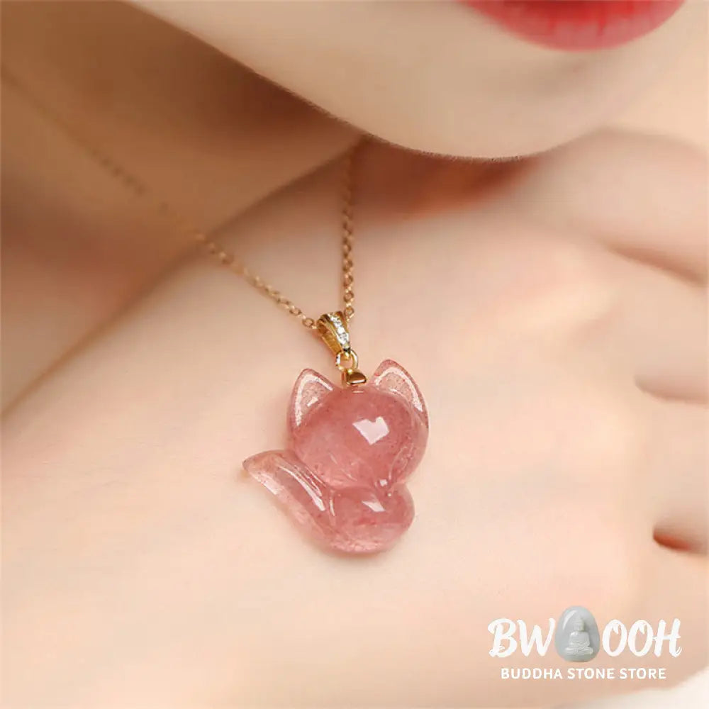 Buddha Stones 925 Sterling Silver Plated 14k Gold Strawberry Quartz Fox Healing Necklace Pendant - BWOOOH - Necklaces &amp;