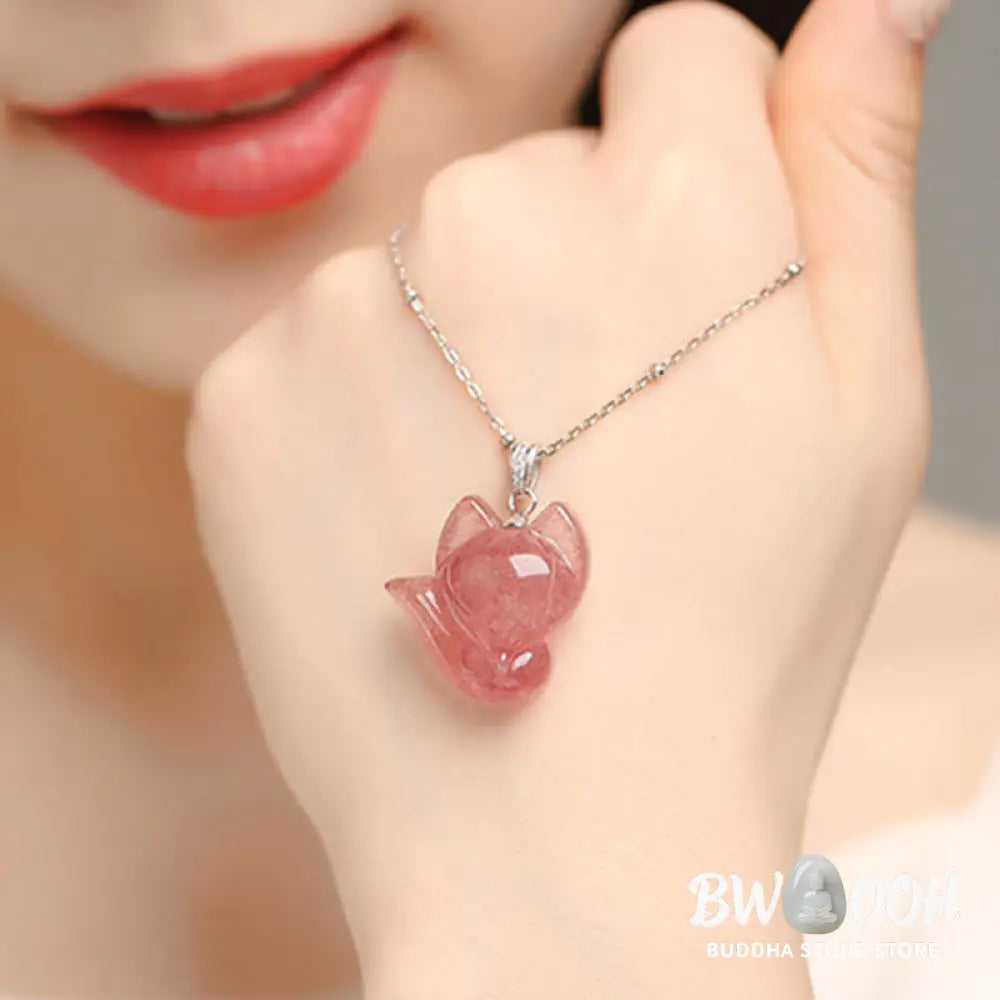 Buddha Stones 925 Sterling Silver Plated 14k Gold Strawberry Quartz Fox Healing Necklace Pendant - BWOOOH - Necklaces &amp;
