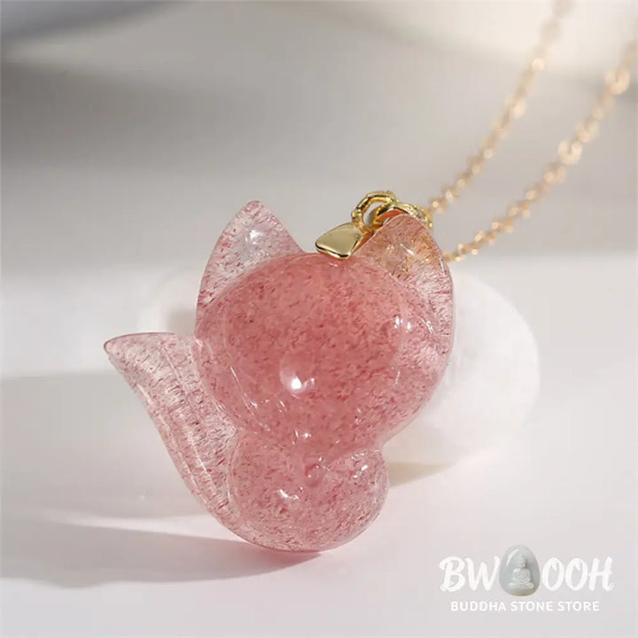 Buddha Stones 925 Sterling Silver Plated 14k Gold Strawberry Quartz Fox Healing Necklace Pendant - BWOOOH - Necklaces &amp;