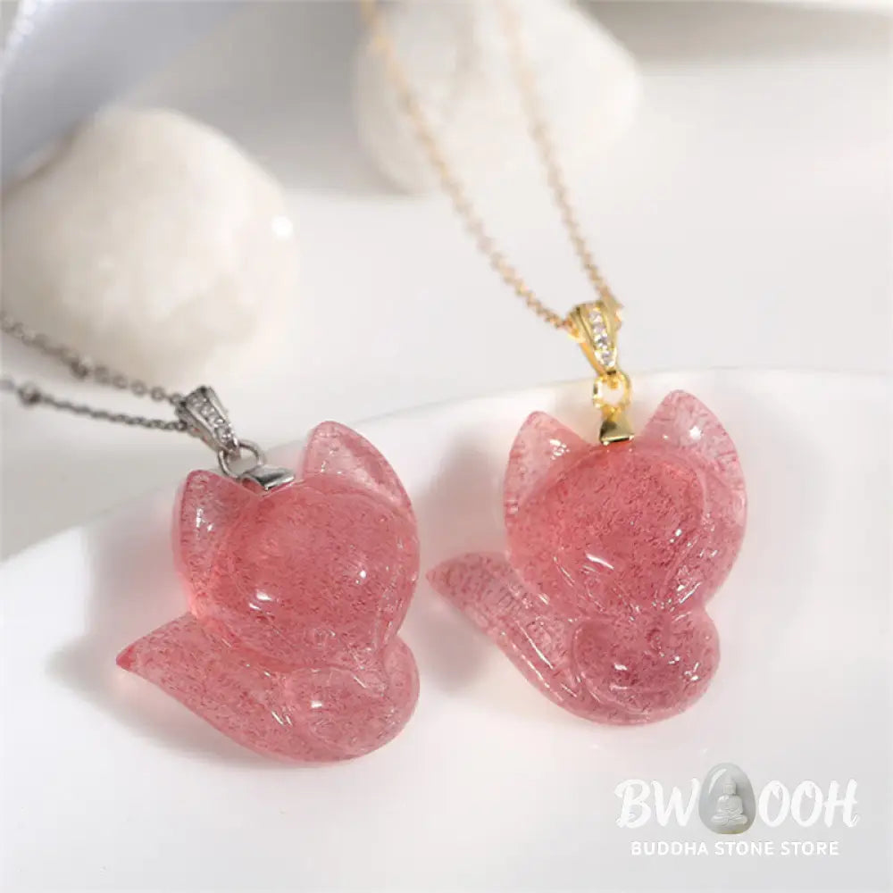 Buddha Stones 925 Sterling Silver Plated 14k Gold Strawberry Quartz Fox Healing Necklace Pendant - BWOOOH - Necklaces &amp;