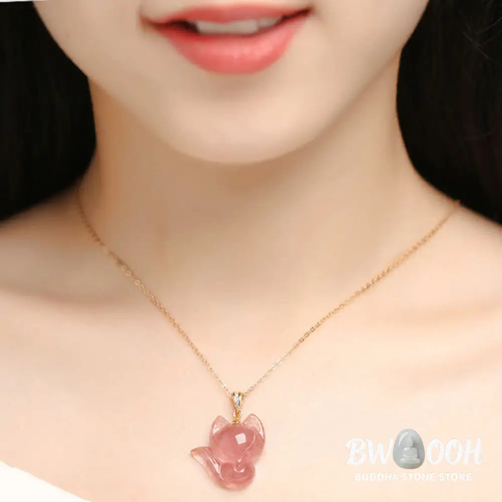 Buddha Stones 925 Sterling Silver Plated 14k Gold Strawberry Quartz Fox Healing Necklace Pendant - BWOOOH - Necklaces &amp;
