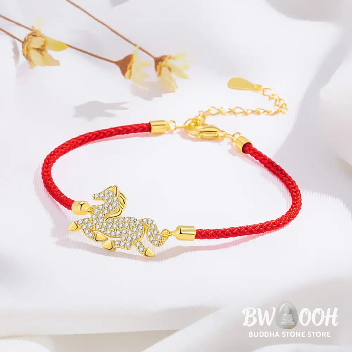 Buddha Stones 925 Sterling Silver Plated 18k Gold Red String Year Of The Horse Strength Bracelet - Horse(Wrist