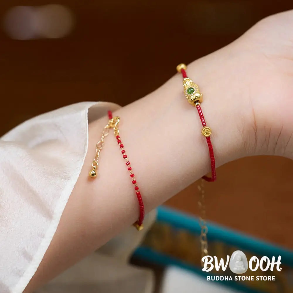 Buddha Stones 925 Sterling Silver Plated 24k Gold Liuli Glass Bead PiXiu Four Leaf Clover Joy And Happiness Wealth
