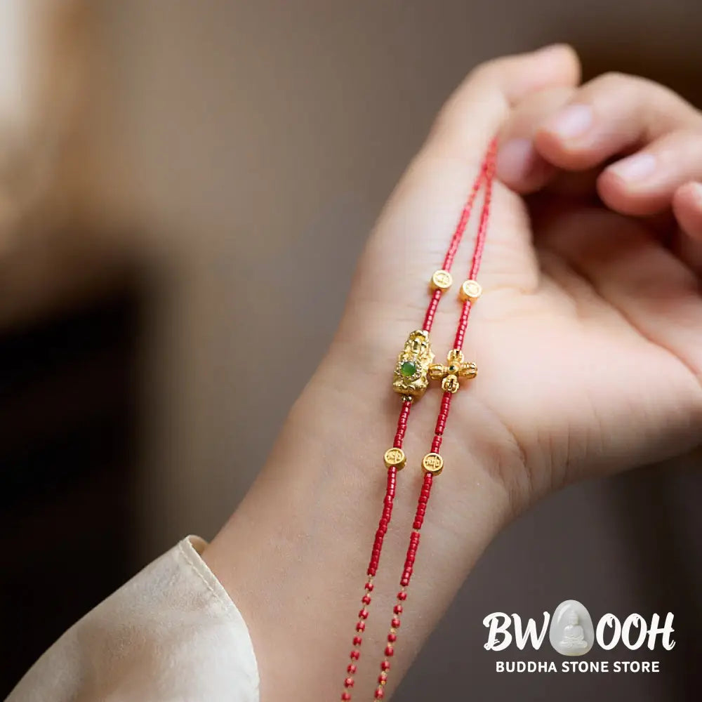 Buddha Stones 925 Sterling Silver Plated 24k Gold Liuli Glass Bead PiXiu Four Leaf Clover Joy And Happiness Wealth