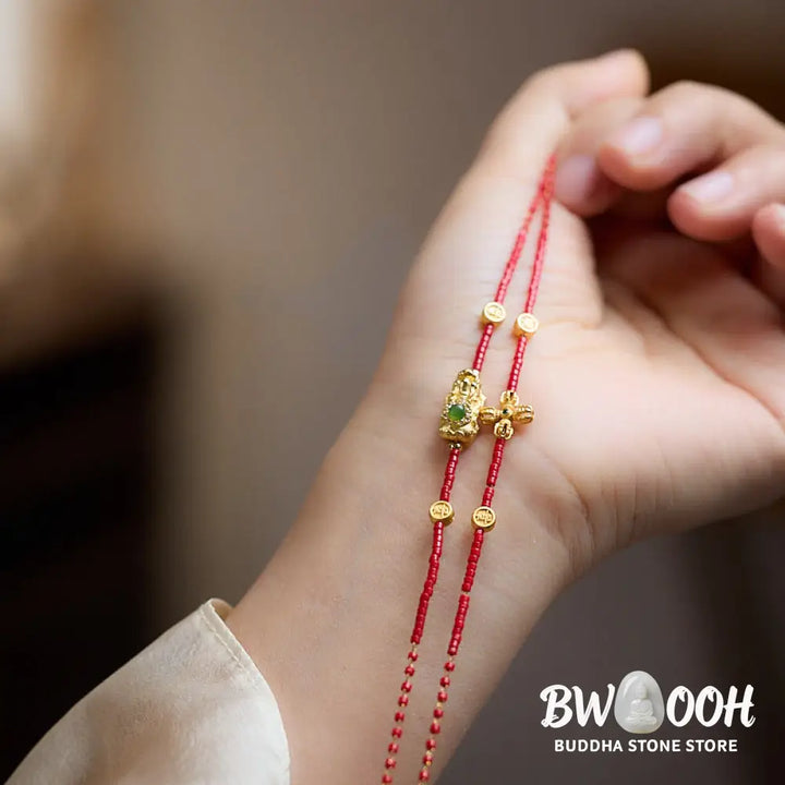 Buddha Stones 925 Sterling Silver Plated 24k Gold Liuli Glass Bead PiXiu Four Leaf Clover Joy And Happiness Wealth