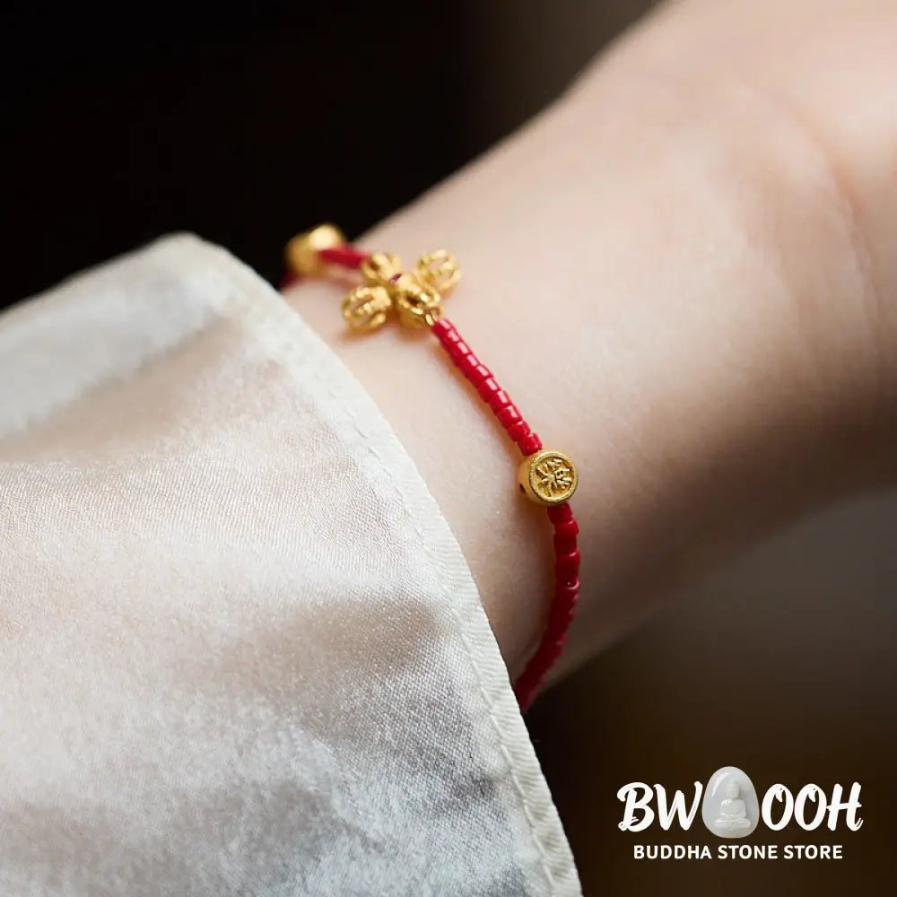 Buddha Stones 925 Sterling Silver Plated 24k Gold Liuli Glass Bead PiXiu Four Leaf Clover Joy And Happiness Wealth