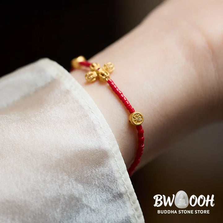 Buddha Stones 925 Sterling Silver Plated 24k Gold Liuli Glass Bead PiXiu Four Leaf Clover Joy And Happiness Wealth