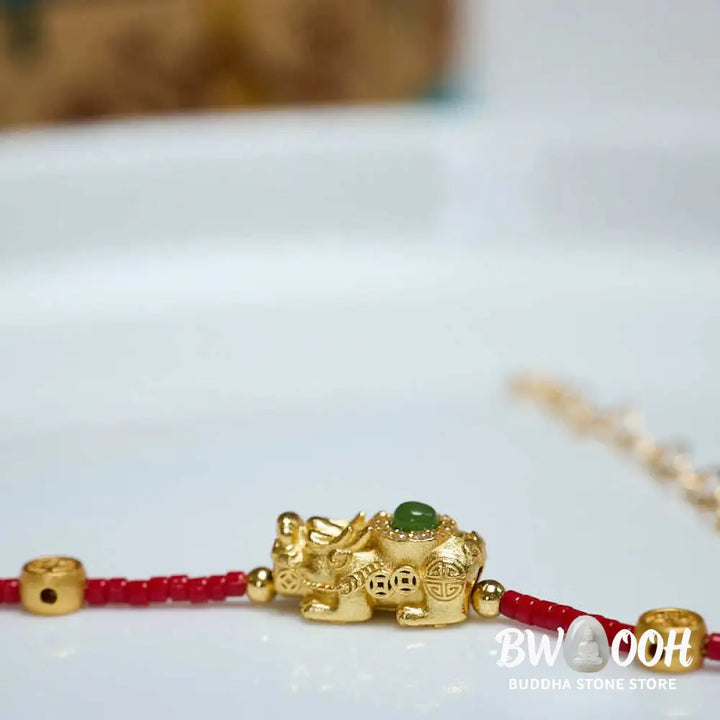 Buddha Stones 925 Sterling Silver Plated 24k Gold Liuli Glass Bead PiXiu Four Leaf Clover Joy And Happiness Wealth