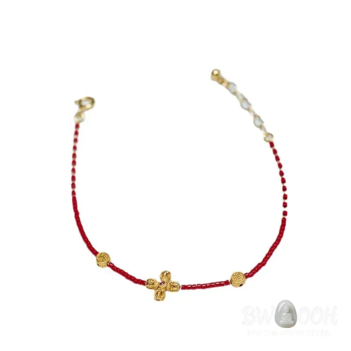 Buddha Stones 925 Sterling Silver Plated 24k Gold Liuli Glass Bead PiXiu Four Leaf Clover Joy And Happiness Wealth