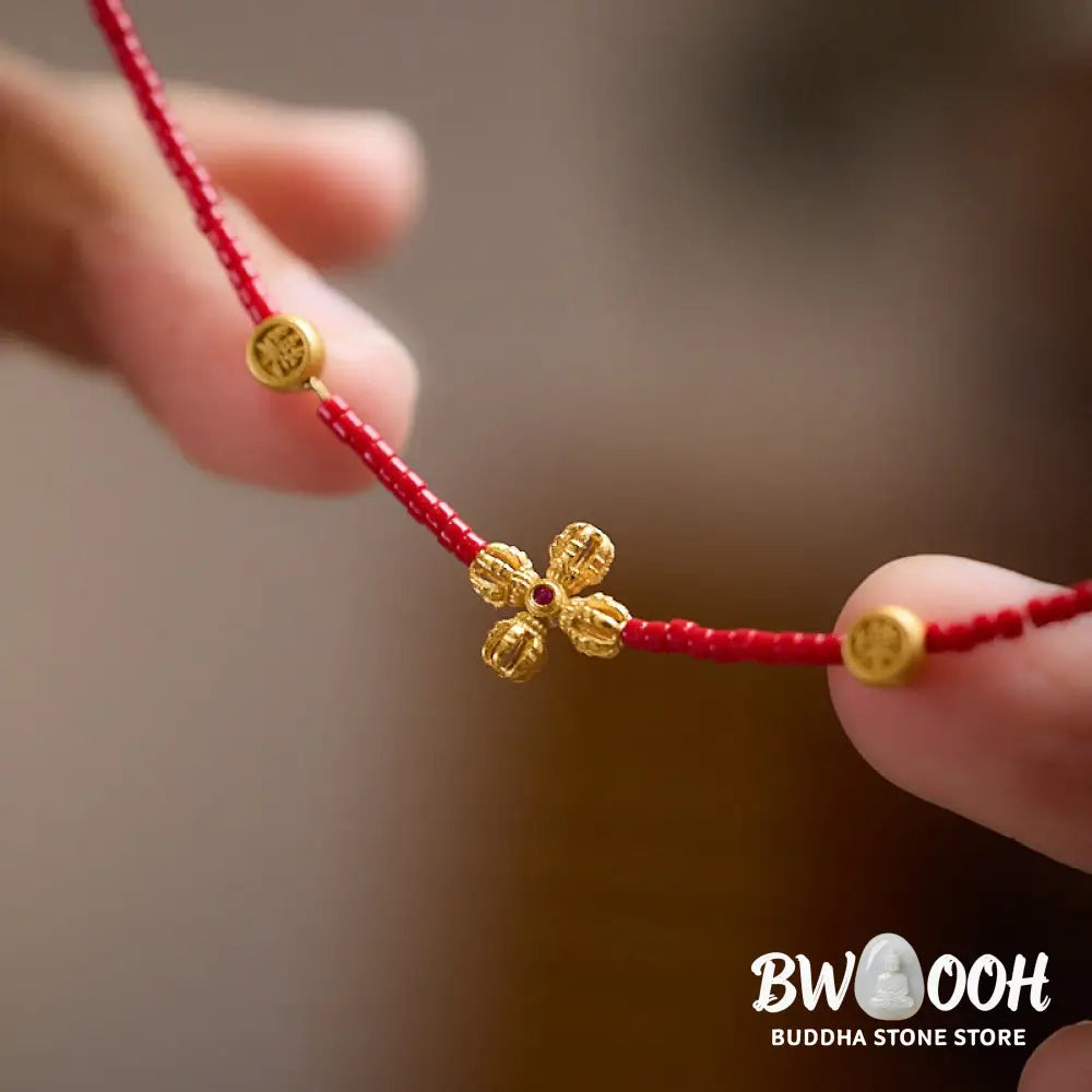 Buddha Stones 925 Sterling Silver Plated 24k Gold Liuli Glass Bead PiXiu Four Leaf Clover Joy And Happiness Wealth