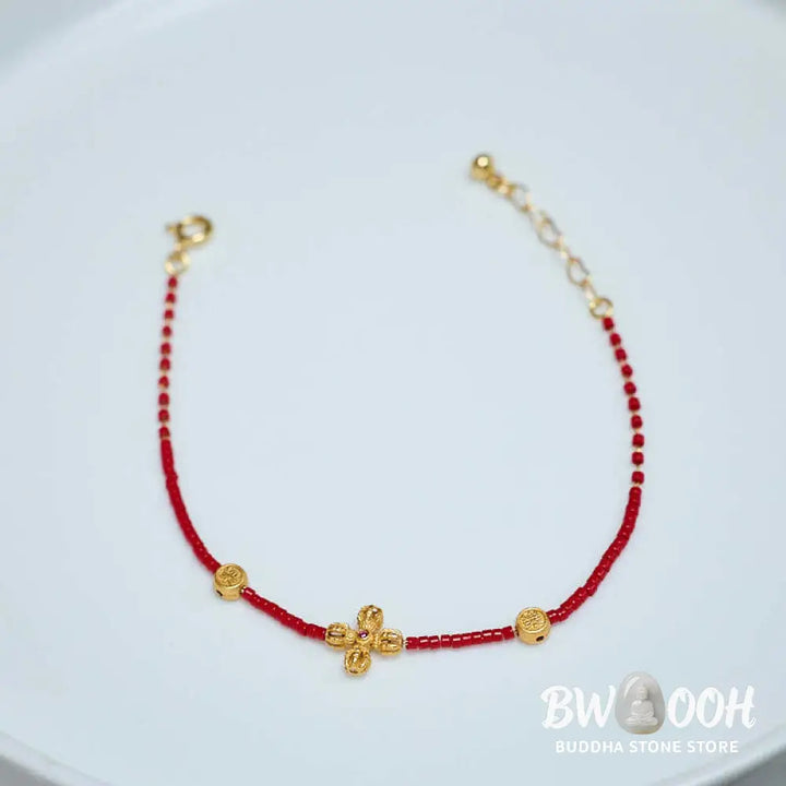 Buddha Stones 925 Sterling Silver Plated 24k Gold Liuli Glass Bead PiXiu Four Leaf Clover Joy And Happiness Wealth