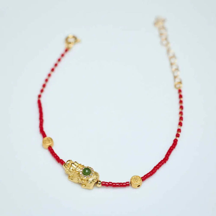 Buddha Stones 925 Sterling Silver Plated 24k Gold Liuli Glass Bead PiXiu Four Leaf Clover Joy And Happiness Wealth
