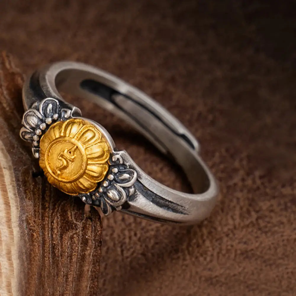 BWOOOH 925 Sterling Silver Plated Gold Bodhisattva Tara Protection Adjustable Ring — Sterling Silver crystal healing brace...