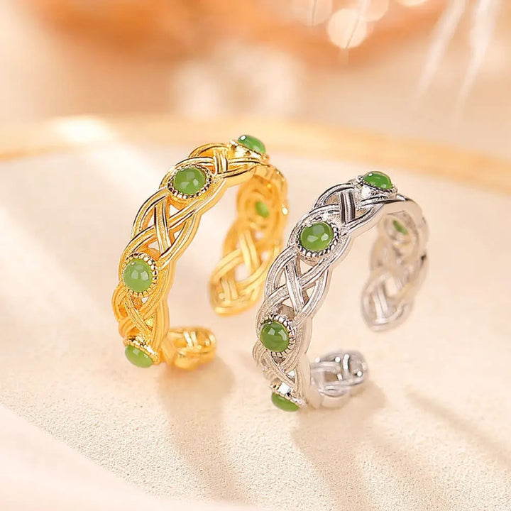 BWOOOH 925 Sterling Silver Plated Gold Cyan Jade Braided Design Success Luck Adjustable Ring — Sterling Silver jade bracel...