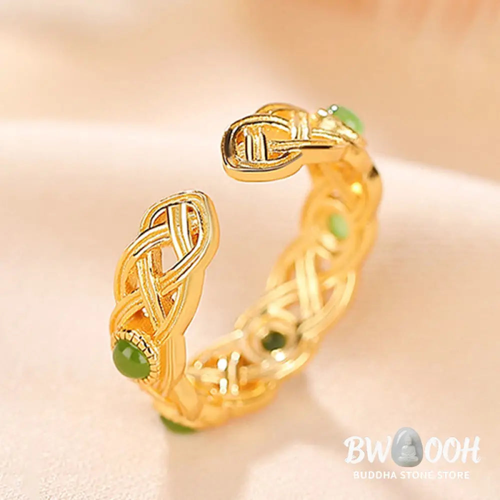 Buddha Stones 925 Sterling Silver Plated Gold Cyan Jade Braided Design Success Luck Adjustable Ring - BWOOOH - Ring