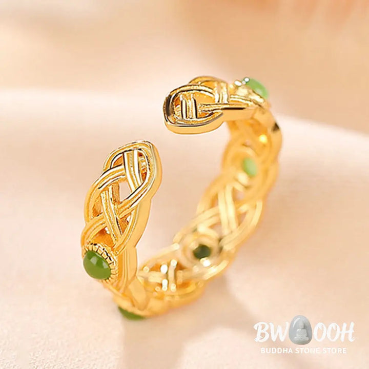 Buddha Stones 925 Sterling Silver Plated Gold Cyan Jade Braided Design Success Luck Adjustable Ring - BWOOOH - Ring