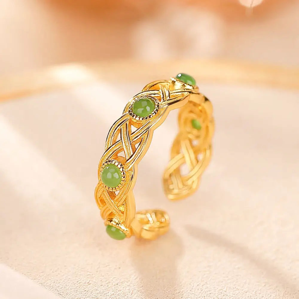 Buddha Stones 925 Sterling Silver Plated Gold Cyan Jade Braided Design Success Luck Adjustable Ring - BWOOOH - Gold