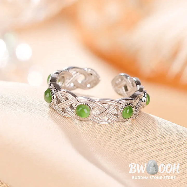 Buddha Stones 925 Sterling Silver Plated Gold Cyan Jade Braided Design Success Luck Adjustable Ring - BWOOOH - Ring