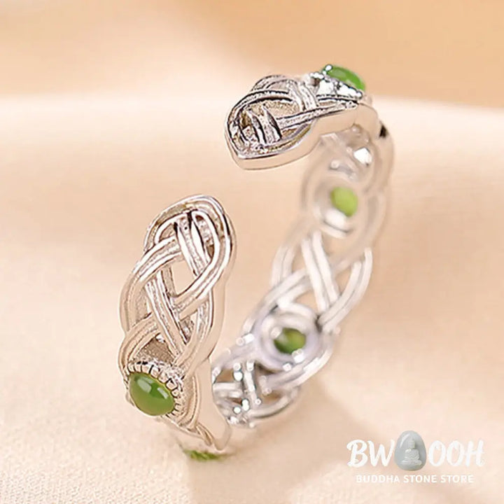 Buddha Stones 925 Sterling Silver Plated Gold Cyan Jade Braided Design Success Luck Adjustable Ring - BWOOOH - Ring