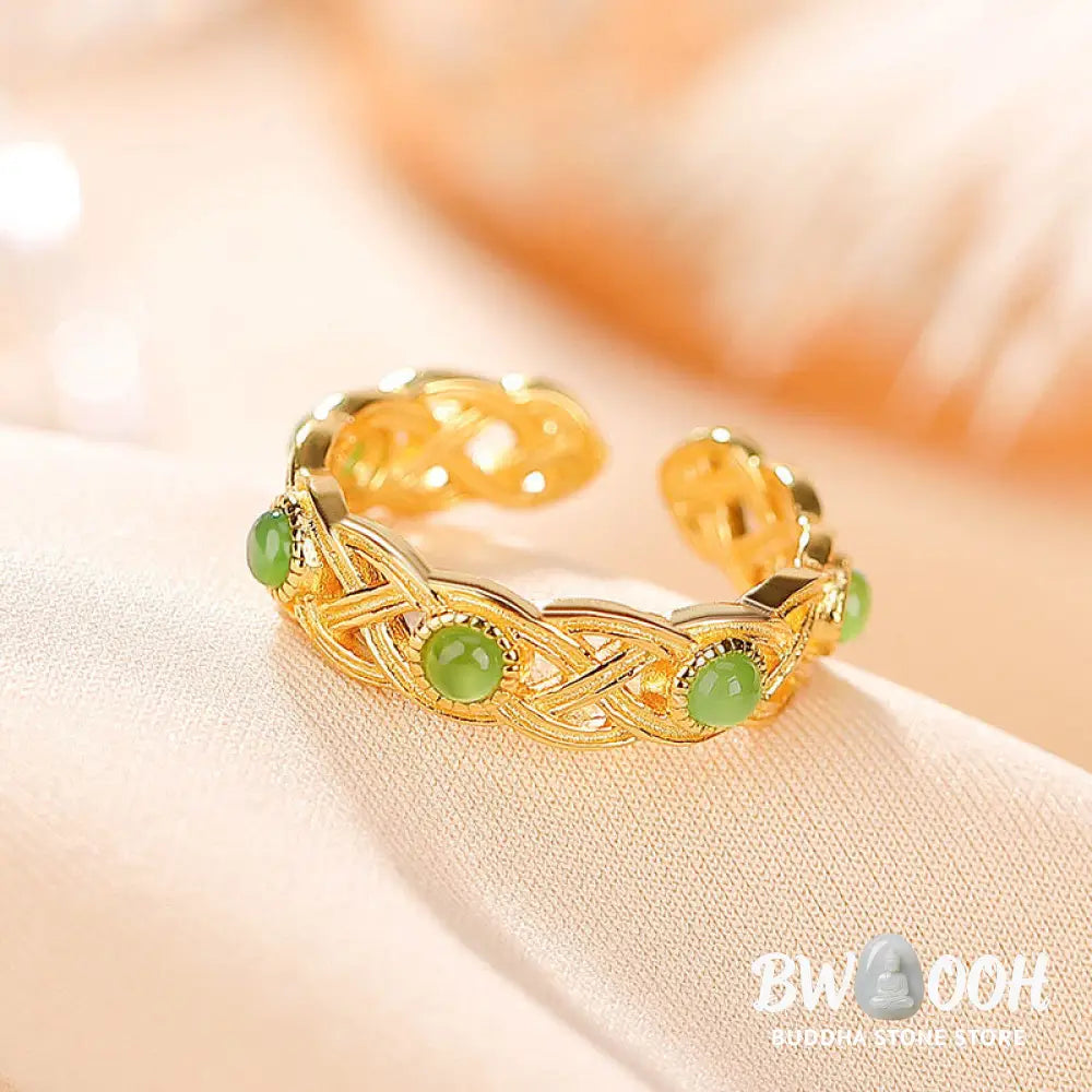 Buddha Stones 925 Sterling Silver Plated Gold Cyan Jade Braided Design Success Luck Adjustable Ring - BWOOOH - Ring