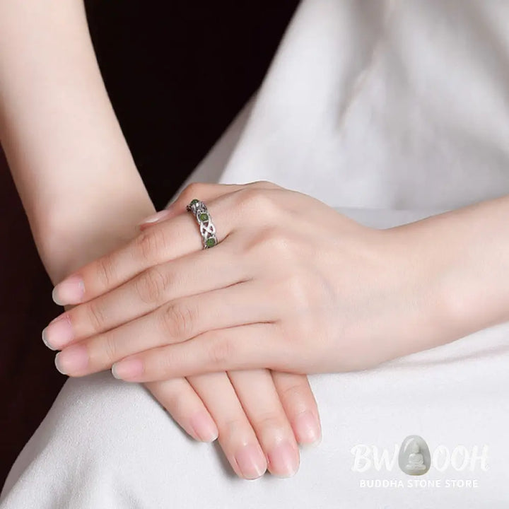 Buddha Stones 925 Sterling Silver Plated Gold Cyan Jade Braided Design Success Luck Adjustable Ring - BWOOOH - Ring