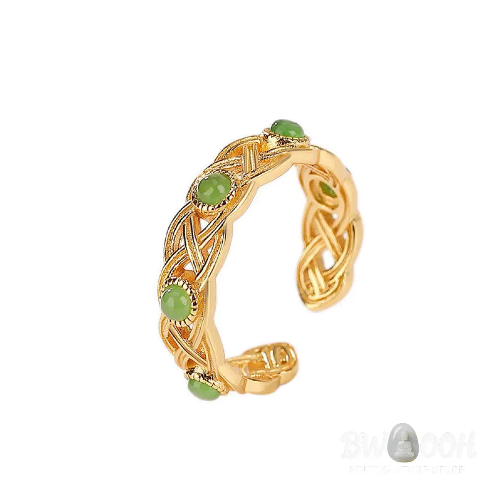 Buddha Stones 925 Sterling Silver Plated Gold Cyan Jade Braided Design Success Luck Adjustable Ring - BWOOOH - Ring
