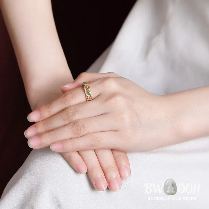 Buddha Stones 925 Sterling Silver Plated Gold Cyan Jade Braided Design Success Luck Adjustable Ring - BWOOOH - Ring