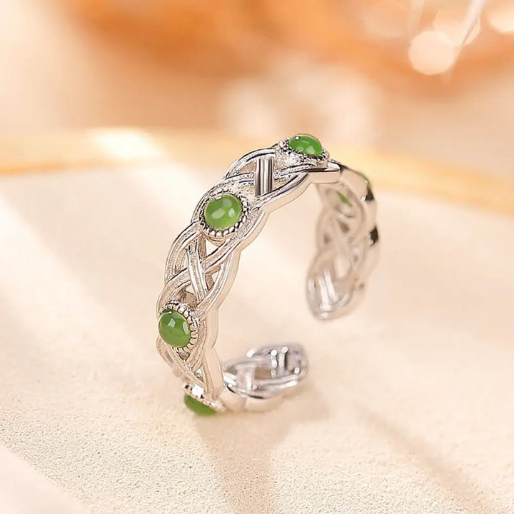 Buddha Stones 925 Sterling Silver Plated Gold Cyan Jade Braided Design Success Luck Adjustable Ring - BWOOOH - Silver