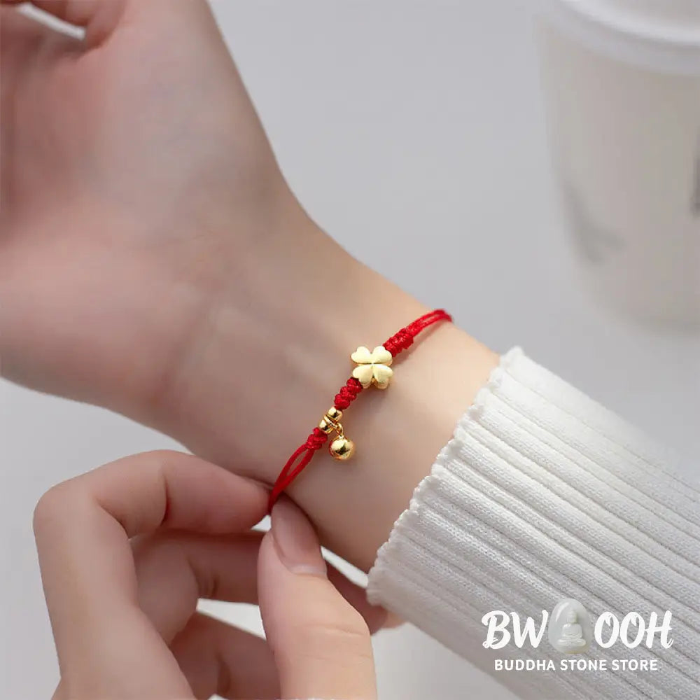 Buddha Stones 925 Sterling Silver Plated Gold Four Leaf Clover Red String Connection Bracelet - 925 Sterling