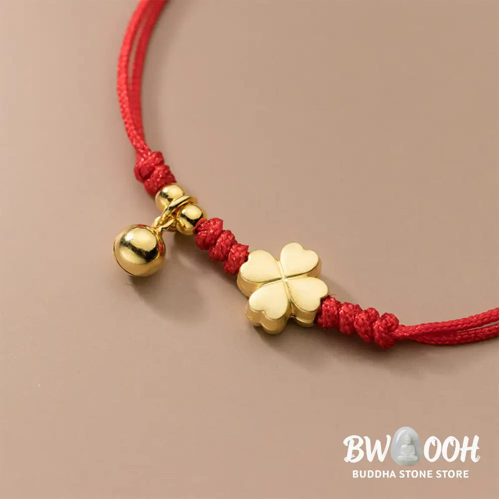 Buddha Stones 925 Sterling Silver Plated Gold Four Leaf Clover Red String Connection Bracelet - 925 Sterling
