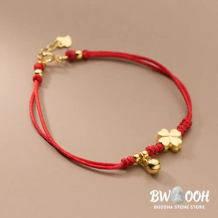 Buddha Stones 925 Sterling Silver Plated Gold Four Leaf Clover Red String Connection Bracelet - 925 Sterling