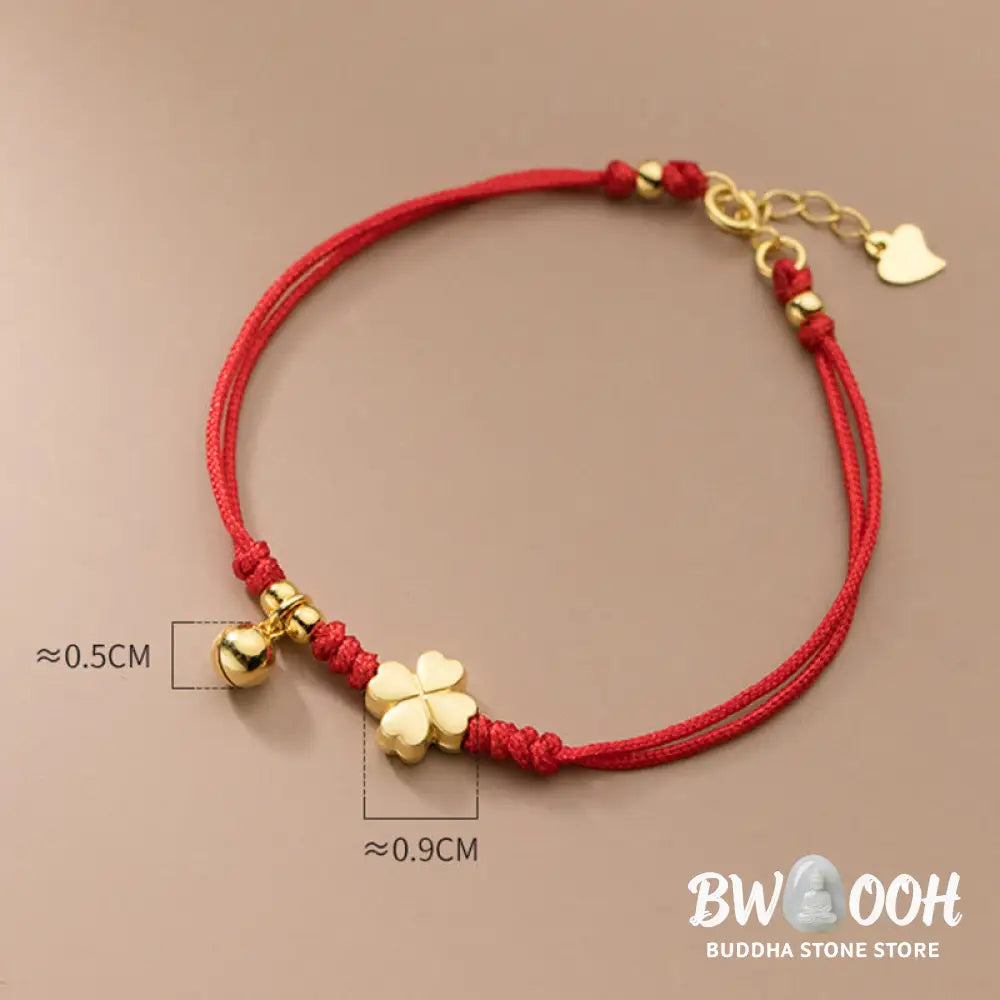 Buddha Stones 925 Sterling Silver Plated Gold Four Leaf Clover Red String Connection Bracelet - 925 Sterling