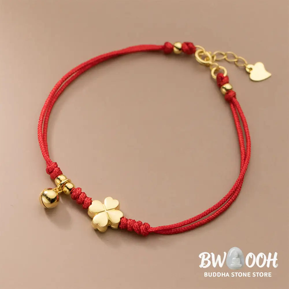 Buddha Stones 925 Sterling Silver Plated Gold Four Leaf Clover Red String Connection Bracelet - 925 Sterling